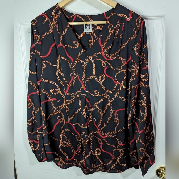 Anne Klein classic black shirt with belts chain design size large - Picture 1 of 10